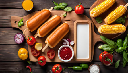 A table filled with corn dogs, corn on the cob, tomatoes, basil, onions, chili peppers, and dipping sauces.の写真素材