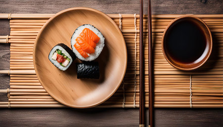 A close-up shot of a sushi platter on a wooden mat, featuring various rolls and a bowl of soy sauce.の写真素材