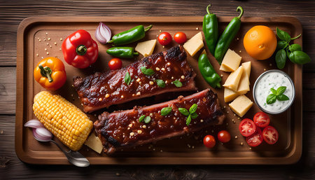 Close-up of BBQ ribs with side dishes on a wooden cutting board. The ribs are glazed with a sweet and savory sauce and are surrounded by corn on the cob, cherry tomatoes, peppers, and orange slices. A dollop of sour cream with basil adds a fresh touch to the scene.の写真素材
