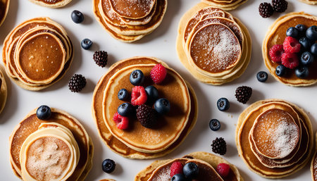 Close-up shot of a delicious stack of pancakes, topped with fresh blueberries, raspberries, and sprinkled with powdered sugar. The pancakes are golden brown and fluffy, and the berries are vibrant and juicy. This mouthwatering image captures the essence of a perfect breakfast or brunch.の写真素材