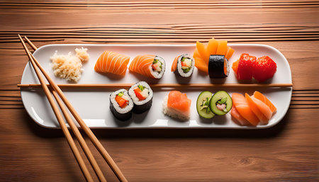 A beautifully arranged sushi platter featuring various types of sushi, including nigiri, maki, and sashimi. The platter is adorned with chopsticks and served on a wooden table. The vibrant colors and fresh ingredients make this sushi platter a true culinary delight.の写真素材