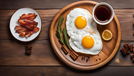 A mouthwatering breakfast of two perfectly fried eggs, crispy bacon, and a cup of tea, served on a rustic wooden table. Spiced with cinnamon, peppercorns, and star anise, this simple yet delicious meal is sure to satisfy.の写真素材
