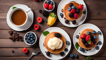 A plate of pancakes topped with blueberries, raspberries, blackberries, and ice cream on a wooden tableの写真素材