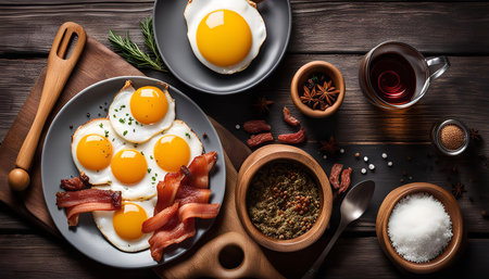 A rustic flat lay image of a beautifully arranged breakfast with scrambled eggs, bacon, spices, salt and pepper on a wooden background, perfect for a satisfying and delicious start to the day.の写真素材