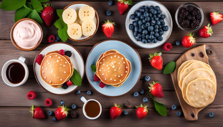 A table setting for a delicious breakfast with pancakes, berries, banana slices, coffee, and a dollop of yogurt.の写真素材