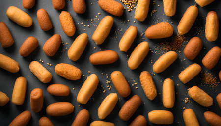 A close up of many delicious finger foods on a gray background. The finger foods are yellow and brown, and they are surrounded by gold sprinkles.の写真素材