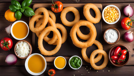 A plate of golden brown onion rings, ready to be served with various dips and sides like cheese, sour cream, ketchup, mustard, tomatoes, corn, and onions.の写真素材