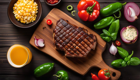 A close-up shot of a grilled steak on a wooden cutting board surrounded by various vegetables such as red onion, corn, peppers, and tomatoes. A glass of orange juice adds a refreshing touch to this delicious and visually appealing meal.の写真素材
