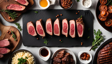 A plated gourmet meal with sliced steak, mashed potatoes, and side dishes, ready to be enjoyed.の写真素材