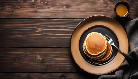 Pancakes on a brown wooden table with a fork and a cup of syrup. It's a rustic and cozy image with an overhead view.の写真素材