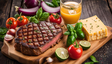 A grilled steak on a wooden cutting board with a side of cheese, tomatoes, limes, and basil. The steak is cooked to perfection, and the sides are fresh and colorful.の写真素材