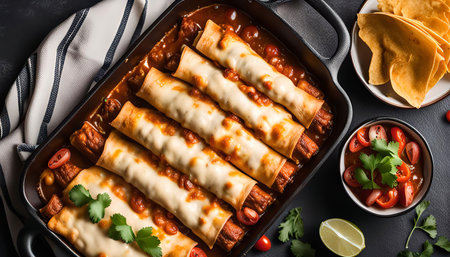 A delicious plate of enchiladas with a creamy cheese filling, a vibrant tomato salsa, and a fresh lime wedge.の写真素材