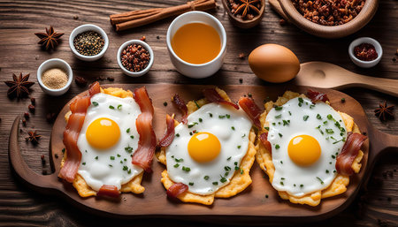 Three fried eggs with bacon on a wooden board, surrounded by various spices, a raw egg, and a cup of honey. The image depicts a culinary scene with fresh ingredients and a delicious breakfast spreadの写真素材