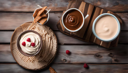 A table top view of creamy dips, chocolate and cream cheese, served with crackers and fresh raspberries.の写真素材