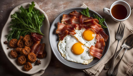 A delicious breakfast spread featuring two perfectly fried eggs with crispy bacon, accompanied by a cup of tea.の写真素材