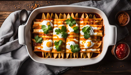 A delicious and savory dish of homemade enchiladas topped with cheese, cilantro, and a creamy sauce. This meal is perfect for a cozy night in or a family gathering.の写真素材