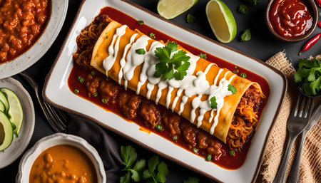 A closeup of a delicious burrito with chili sauce, sour cream, and garnished with cilantro. The burrito is served on a white plate with additional ingredients and toppings in the background.の写真素材