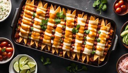 A close-up shot of enchiladas with cheese, tomatoes, and cilantro. It looks very appetizing and ready to be served.の写真素材