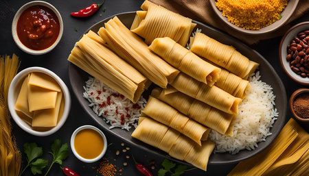 A close-up of a plate with pasta, rice, mustard, red chili pepper, and other Asian ingredients, capturing the flavors and textures of a gourmet meal.の写真素材