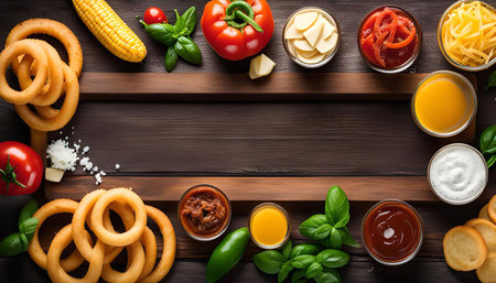 Various food ingredients arranged around a wooden surface, including onion rings, tomatoes, corn,...