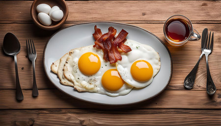 A classic breakfast plate featuring fried eggs, crispy bacon, and a cup of tea. The meal is arranged on a white plate with a rustic wooden background.の写真素材