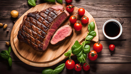 A close-up of a grilled steak sliced and served on a wooden board with cherry tomatoes, fresh basil leaves, and a small bowl of sauce. The steak is perfectly grilled and looks delicious.の写真素材
