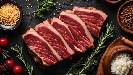 Close-up view of sliced duck breast, seasoned with rosemary and other spices. The duck is arranged on a black stone plate, surrounded by ingredients like cherry tomatoes, grains, and a bowl of white rice. The image is captured from an overhead perspective, showing the dish's flavors and textures.の写真素材