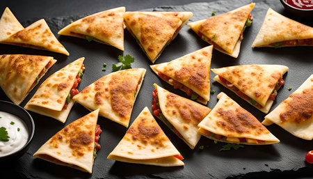 A platter of golden brown quesadillas, perfectly triangle-shaped and ready to be enjoyed. The quesadillas are arranged on a black stone plate, and there are also dipping sauces available.の写真素材