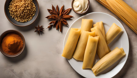 A plate of tamales, along with various spices, including mustard seeds, turmeric powder, and star anise. The tamales are wrapped in corn husks and ready to be steamed.の写真素材
