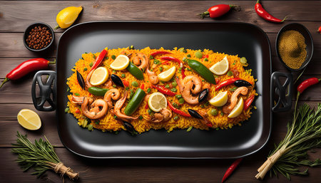 A close-up of a flavorful paella, a traditional Spanish dish with seafood and vegetables, beautifully arranged on a black plate, highlighting the vibrant colors and textures of the ingredients.の写真素材