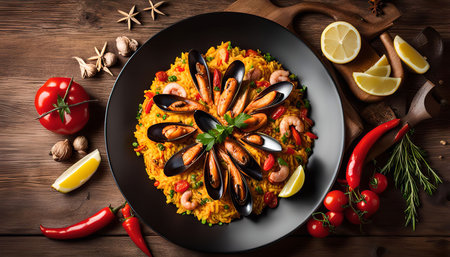 A close-up photo of a plate of paella with seafood, including mussels, shrimp and lemon wedges, surrounded by fresh ingredients like tomatoes, chilli peppers, and garlic cloves.の写真素材