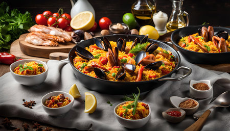 A close-up of a delicious seafood paella with mussels, shrimp, vegetables, and spices. The paella is served in a large pan on a rustic wooden table with other ingredients and spices.の写真素材