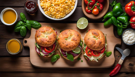A close-up shot of three delicious veggie burgers on a wooden cutting board with a variety of...