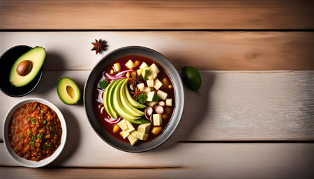 A bowl of traditional Mexican soup with avocado, cheese, onion, and spices.の写真素材