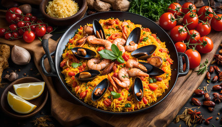 A close-up view of a traditional Spanish paella dish with seafood, rice, and vegetables. The paella is served in a black pan and surrounded by various ingredients such as tomatoes, garlic, and lemons. It is a delicious and flavorful meal that is perfect for sharing.の写真素材