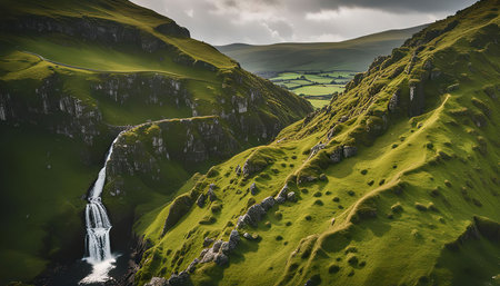 A breathtaking aerial view of a waterfall cascading down a lush green mountain valley. The valley is filled with rolling hills and rocky outcrops, and the sky is filled with fluffy clouds.の写真素材