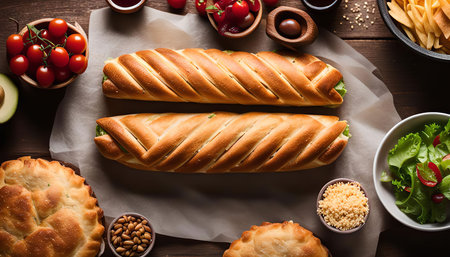 Two fresh baked breads with green filling on a wooden table with side dishes like tomatoes, salad, cheese, pine nuts, and avocado. The breads have a golden brown crust and a flaky texture.の写真素材