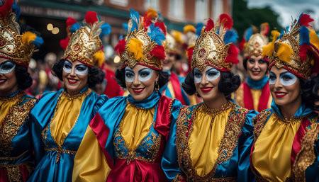 A group of women in colorful costumes and elaborate headdresses smile and perform during a carnival parade. They wear vibrant colors and intricate masks, creating a festive and joyous atmosphere.の写真素材