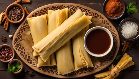 A close-up of a plate of freshly made tamales, surrounded by various ingredients like red pepper, rice, and a dipping sauce, ready to be enjoyed.の写真素材