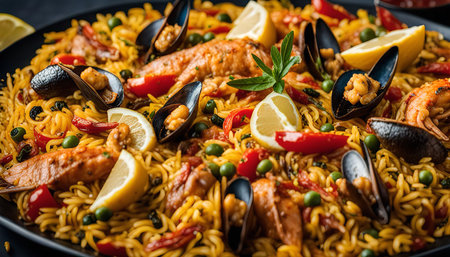 A vibrant and flavorful paella brimming with fresh seafood, including mussels, shrimp, and fish, along with a medley of vegetables, lemons, and aromatic spices. A classic Spanish dish perfect for a satisfying meal.の写真素材