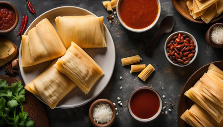 A plate of tamales with red salsa, beans and chiles.の写真素材