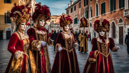 A group of people wearing elaborate Venetian carnival masks and costumes walk down a street. The costumes are red and gold, and the masks are white. The atmosphere is festive and celebratory.の写真素材