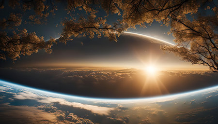 An aerial view of sunrise over the Earth, as seen through the branches of a tree, with a golden glow.の写真素材