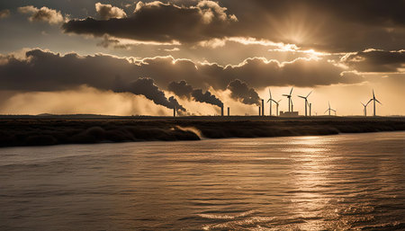 A panoramic view of wind turbines and smoke stacks at sunset, reflecting on the water surface. The scene showcases the contrast between renewable and traditional energy sourcesの写真素材
