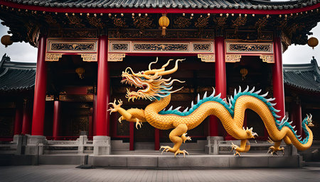 A golden dragon statue stands proudly in front of a traditional Chinese temple. The dragon is a powerful symbol in Chinese culture, often associated with luck and fortune.の写真素材