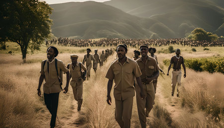 A group of African men march along a dirt path in a field, heading towards a large gathering in the distance. They are wearing traditional clothing and hats, and some are smiling and laughing. The image evokes a sense of unity and joy.の写真素材