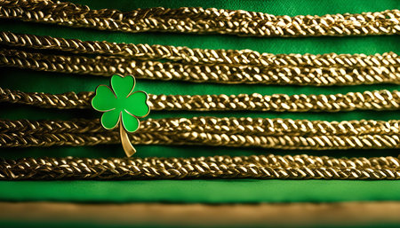 A close-up shot of a green clover pin placed on a green fabric with gold braid, signifying the celebration of St. Patrick's Day.の写真素材