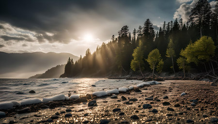 A serene sunset over a tranquil lake with a stunning mountain backdrop. The golden light bathes the shoreline in warmth, casting long shadows across the water.の写真素材