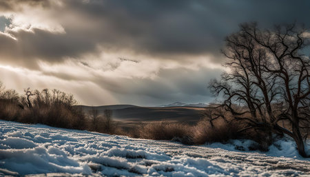 A lone, leafless tree stands tall on a snow covered landscape, with the sun breaking through the clouds, creating a dramatic lighting effect.の写真素材