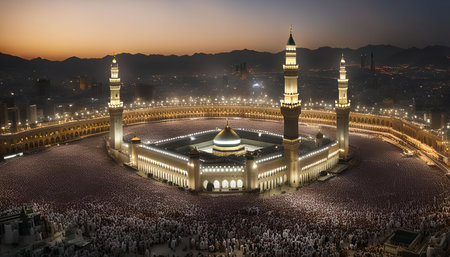 Aerial view of Masjid al-Haram, the Grand Mosque in Mecca, Saudi Arabia, during sunset. The mosque is filled with people praying, creating a vibrant and spiritual atmosphere.の写真素材